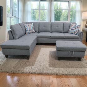 Modern Linen Sectional Couch with Chaise and Ottoman-Large 3 Piece Sofa Set for Living Room-L-Shaped Left-Facing Sofa Furniture-Wood Frame-Sectional S