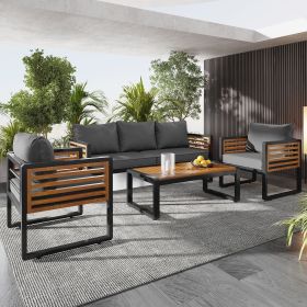 Large Size 4-pieces Outdoor Furniture sofa for 5 Person Conversation Set, Garden Sofa Set With Removable Cushion, Metal And Wood Frame Sofa set