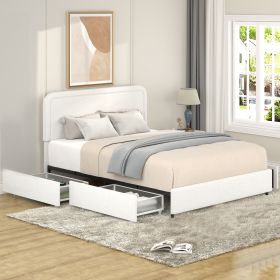 Liv Queen Size Ivory Boucle Upholstered Platform Bed with Patented 4 Drawers Storage, Curved Stitched Tufted Headboard, Wooden Slat Mattress Support