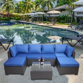 7 Pieces Outdoor Patio Sectional Sofa Couch, Silver Gray PE Wicker Furniture Conversation Sets with Washable Cushions & Glass Coffee Table for Garden
