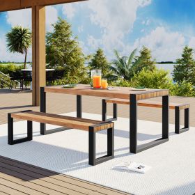 GO 3-pieces Outdoor Dining Table With 2 Benches, Patio Dining Set With Unique Top Texture, Acacia Wood Top & Steel Frame, All Weather Use