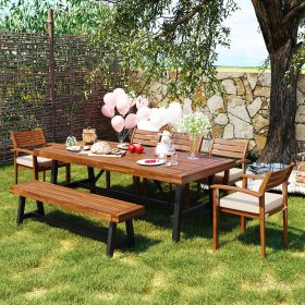 GO Outdoor Wood Dining Set For 7-8 Person, Outdoor Dining Furniture With Removable Cushions, Ergonomic Chairs And Bench, Thicker Table, Nature