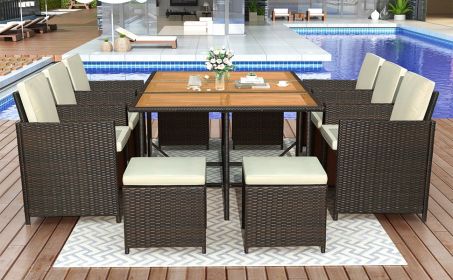 TOPMAX 11-Piece Patio All-Weather PE Wicker Dining Table Set with Wood Tabletop for 10, Brown Rattan+Beige Cushion