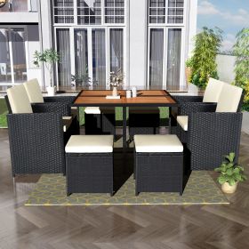 Patio All-Weather PE Wicker Dining Table Set with Wood Tabletop for 8; Black Rattan+Beige Cushion (9-Piece)